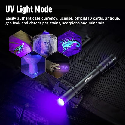 77outdoor Sofirn SF15 Led Flashlight, 2*AAA Batteries Powered, 300 Lumen Pocket EDC UV Black Inspector Penlight for Pet Urine Detector, Home Use, Night Walking, Camping, Reading, Fishing, Cycling