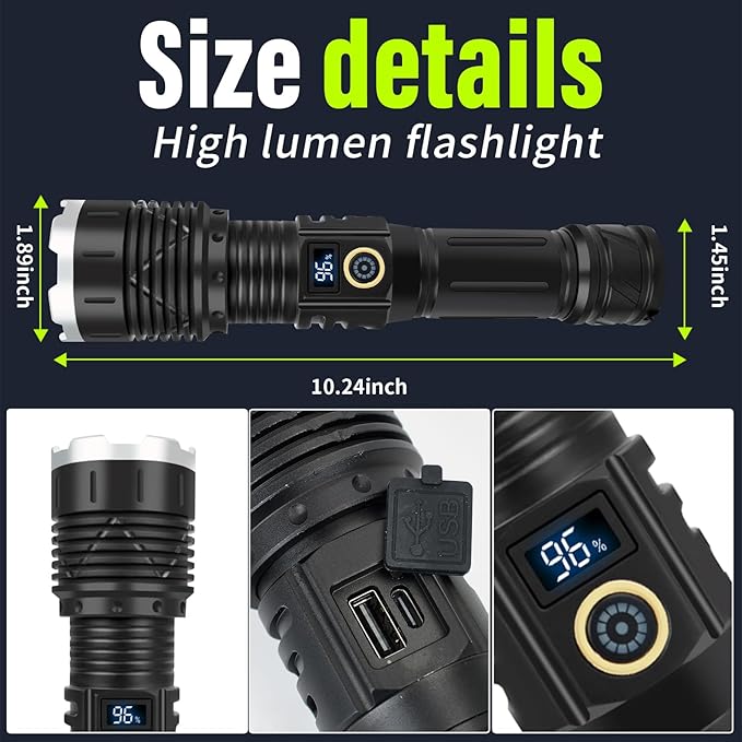 Rechargeable Flashlights High Lumens，LED Flashlights，High Powered 250,000 Lumens Super Bright Tactical ，2LED Bulb,Brightest Flashlight，Handheld Flash Light for Emergencies, Camping, Hiking