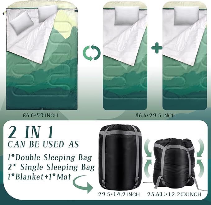 Double Sleeping Bag for Adults with Pillow Queen Size Waterproof Two Person Sleeping Bag for Outdoor Camping Hiking Backpacking All Season Cold Warm Weather