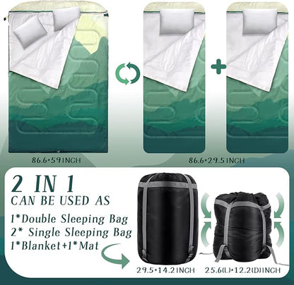 Double Sleeping Bag for Adults with Pillow Queen Size Waterproof Two Person Sleeping Bag for Outdoor Camping Hiking Backpacking All Season Cold Warm Weather