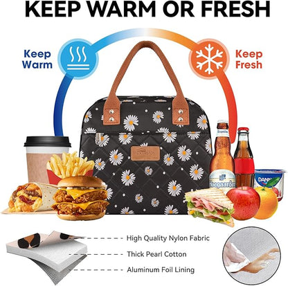 HOMESPON Insulated Lunch Bag for Women Men Adults Lunch Tote with Front Pocket Lunch Box Container Cooler Bag for Work Picnic (Black Daisy)