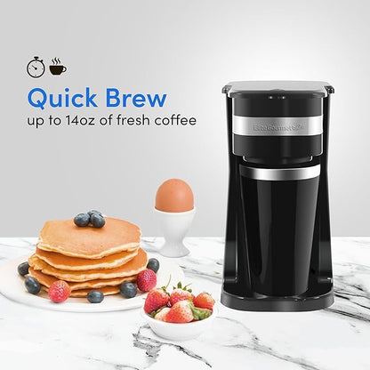 Elite Gourmet EHC111A Personal Single-Serve Compact Coffee Maker Brewer Includes 14Oz. Stainless Steel Interior Thermal Travel Mug, Compatible with Coffee Grounds, Reusable Filter, Black