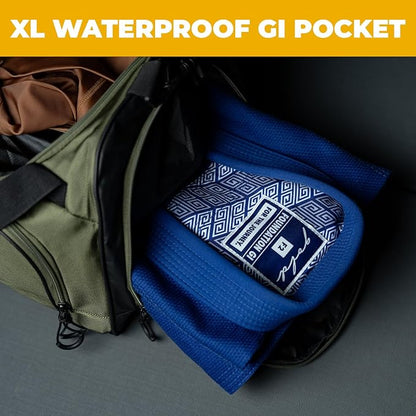 Gold BJJ Jiu Jitsu Duffle Bag - Waterproof Pocket for Sweaty Gi, Rashguard, or Shoes - The Perfect Duffel Bag for Martial Arts Gear, Boxing, MMA, and More