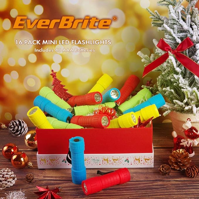 EverBrite 16-Pack Mini LED Flashlight Set - Assorted 4 Colors, 48 AAA Batteries Included, for Hurricane Supplies Party Favors, Kids Gift, Camping, Hiking etc