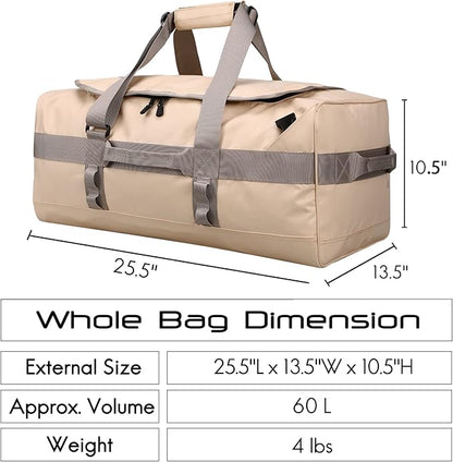 Haimont Large Sports Duffel Backpack Bag for Men, Travel Duffel Bags with Backpack Straps, Heavy Duty and Water Resistant, Beige,60L