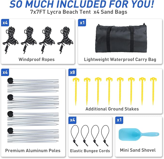 Beach Tent Pop Up Sun Shade Canopy Sun Shelter UPF50+ with 4 Stability Poles/Carry Bag/Ground Pegs/Sand Shovel/Windproof Ropes Portable Outdoor Family Sunshade for Beach Camping Fishing Picnic