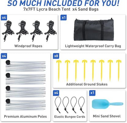 Beach Tent Pop Up Sun Shade Canopy Sun Shelter UPF50+ with 4 Stability Poles/Carry Bag/Ground Pegs/Sand Shovel/Windproof Ropes Portable Outdoor Family Sunshade for Beach Camping Fishing Picnic