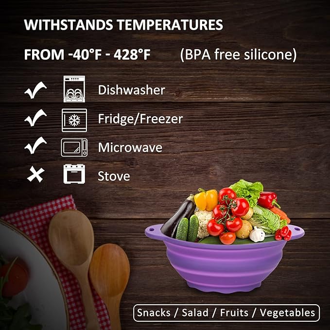 Collapsible SiliconelSalad Bowl 64oz Camping Bowl Outdoor Hiking Travel Durable Bowl for Storage and Mixing Food-Grade Silicone Food Storage Container 1 Pack (Purple)