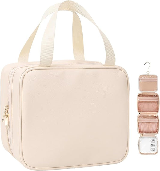 Travel Makeup Bag Hanging Toiletry Bag for Women Men TSA Approved Clear Bag Toiletries Waterproof Cosmetic Bag Toiletry Bag Travel Toiletry Organizer for Bathroom Shower, Beige