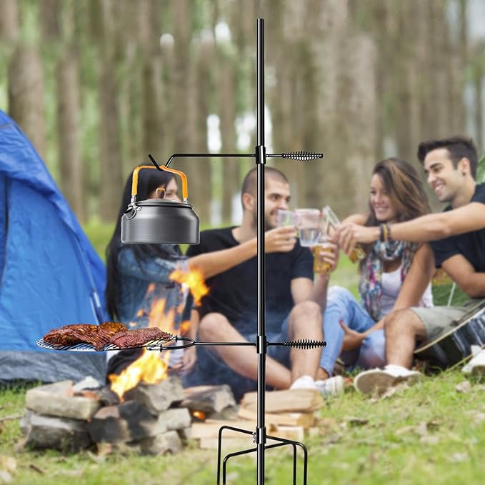 Campfire Grill Grate with Keetle Hook, 360° Rotatable Swivel Campfire Fire Pit Grill Grate for Outdoor Camping BBQ, Cooking