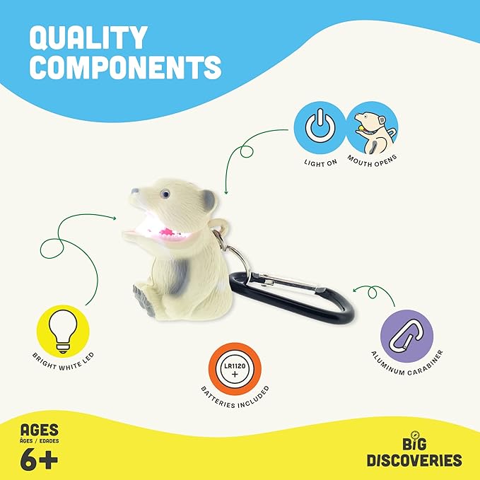 Big Discoveries WildLight Animal Carabiner Flashlight - Fun Mini Keychain Flash Lights for Kids, Nurses, Camping