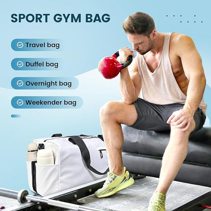 Lightweight Gym Bag for Women Man,Water Resistant Duffle Bag for Travel with Wet Pocket,Wear-resistant Weekender Overnight Duffel Bag,Travel Bag Easy to Clean Tote bag for women(White)