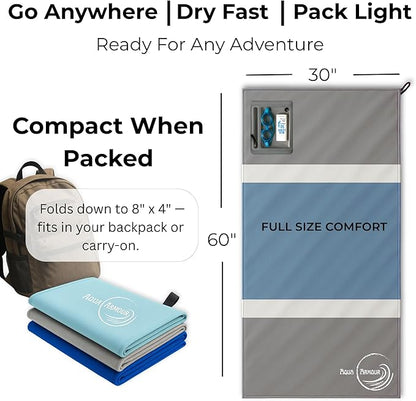 Go Anywhere Towel with Waterproof Phone Pouch - Quick Dry, Sand Free, Compact Beach Towel for Pool, Boat, Travel, Camping, Hiking & Outdoor Adventures (Gray)