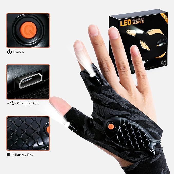 ThxToms Rechargeable LED Flashlight Gloves, Gifts for Men, Father's Day, Christmas, Birthday Gifts for Dad Boyfriend Husband Men Him, Cool Gadgets Tools for Repairing Fishing Camping, 1 Pair,Camo