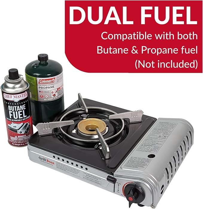 Dual Fuel Portable Stove, Butane & Propane Portable Camping Stove, 12K BTU Camp Stove, Dual Fuel Butane and Propane Stove for Emergency, Outdoor Cooking, Hiking, Backpacking Stove by Grill Boss 90057