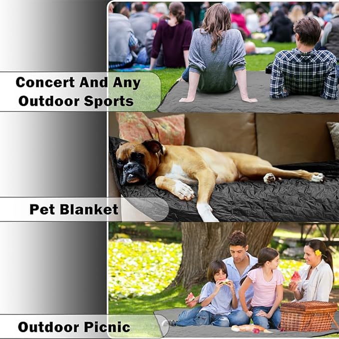 Waterproof Outdoor Blanket 82”X 55” Packable, Stadium Blankets for Camping with Quilted Fleece Lining, Large Windproof Emergency Throw Mat for Garss Picnic Hiking Road Trip, Machine Washable, Black