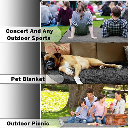 Waterproof Outdoor Blanket 82”X 55” Packable, Stadium Blankets for Camping with Quilted Fleece Lining, Large Windproof Emergency Throw Mat for Garss Picnic Hiking Road Trip, Machine Washable, Black
