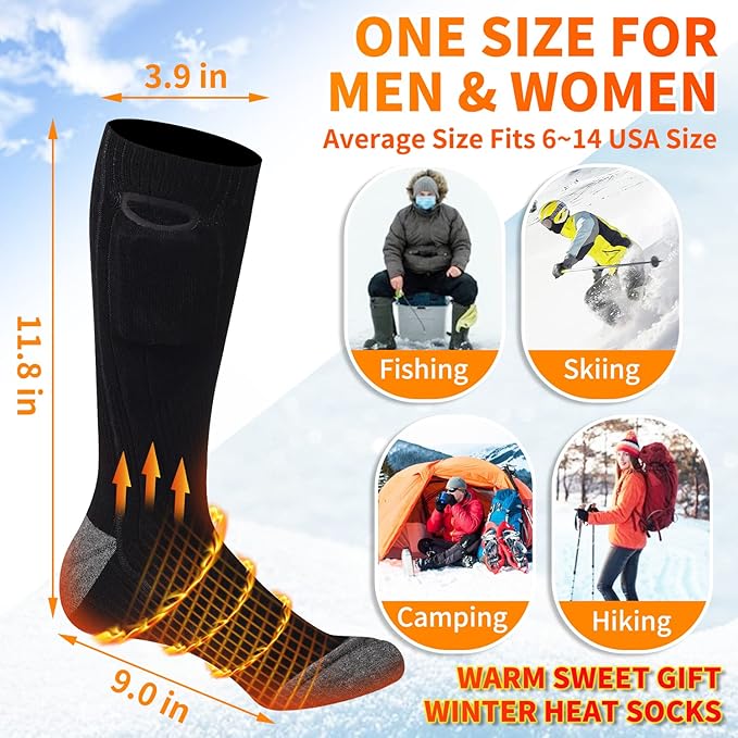 Heated Socks, Rechargeable Electric Socks with 3 Heat Settings, 8 Hours Heating time Winter Foot Warmers with Large Capacity Batteries for Men/Women