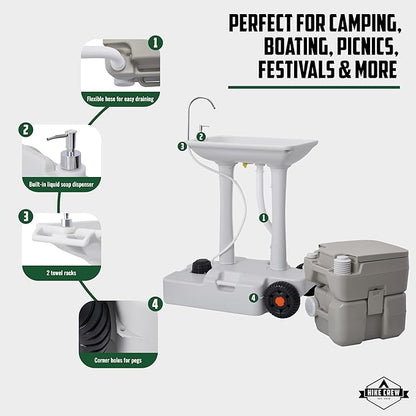 Hike Crew XL Portable Camping Sink & Toilet | Extra Large Washing Station with 8 Gal Capacity, Hands-Free Foot Pump, Faucet, Soap Dispenser & Towel Rack | Includes Travel Toilet with 5 Gal Waste Tank