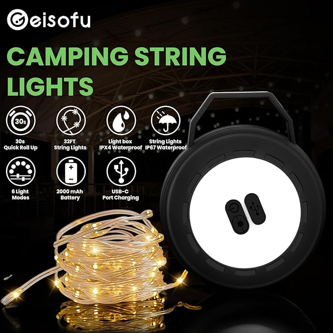 Rechargeable Camping String Lights, Portable Outdoor LED String Light for 2-in-1(32 Ft), Yard Tent Hanging Garden Party Festival Decor Waterproof String Lights