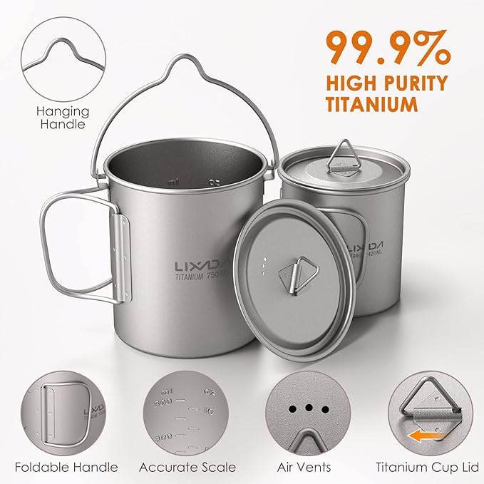 Lixada Camping Titanium Pot,750ml Titanium Pot with 450ml Water Cup Mug Folding Spork Camping Cookware Set for Outdoor Camping Hiking Backpacking
