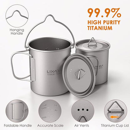 Lixada Camping Titanium Pot,750ml Titanium Pot with 450ml Water Cup Mug Folding Spork Camping Cookware Set for Outdoor Camping Hiking Backpacking