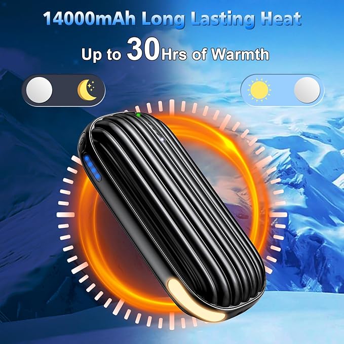 Hand Warmers Rechargeable - 14000mAh Rechargeable Hand Warmers 2 Pack, 15Hrs Warmth Heat Up to 131℉ with LED Light, USB Electric Heated Hand Warmers Reusable Power Bank for Golf, Raynauds, Camping