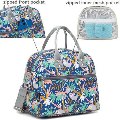 FlowFly Insulated Lunch Bag With Shoulder Strap for Women, Men, and Kids, Large and Reusable, Handle, Freezable Work and School Travel Tote and Meal Prep Organizer,Sloth