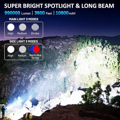 Rechargeable Spotlight Flashlight, 990,000 Lumen Super Bright Led Spotlight with 6 Modes & Foldable Tripod, Powerful Spot Light 30H Long Runtime, Handheld Spot Light for Outdoor Boating Hunting