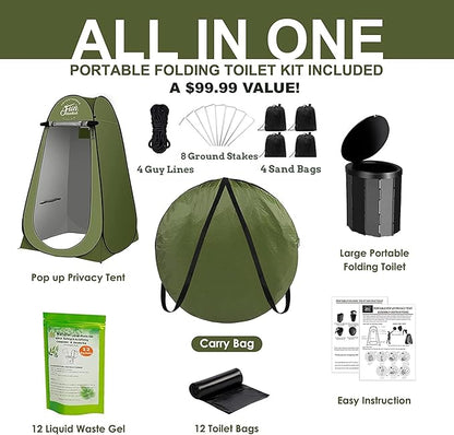 Portable Toilet Kit For Adults, Pop Up Privacy Tent, X Large Camping Folding Toilet, 12 Toilet bags, 12 pack Liquid Waste Gel, Washable Foldable For Travel,RV,Outdoor