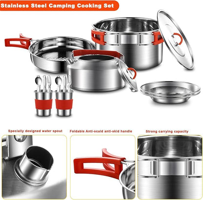 Camping Cooking Set,Camping Cookware Mess Kit,304 Stainless Steel Camping Pot and Pan Set with Kettle Cups Plates Forks Knives Spoons for Camping, Picnic, RVs for 2 People