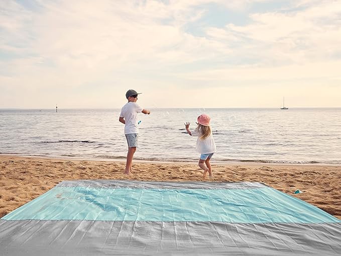 WEKAPO Beach Blanket Sandproof, Extra Large Beach Mat, Big & Compact Sand Free Mat Quick Drying, Lightweight & Durable with 6 Stakes & 4 Corner Pockets