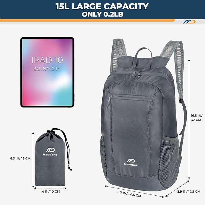 15L Hiking Daypack - Water Resistant Lightweight Packable Backpack for Travel Camping Outdoor - Grey