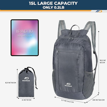 15L Hiking Daypack - Water Resistant Lightweight Packable Backpack for Travel Camping Outdoor - Grey