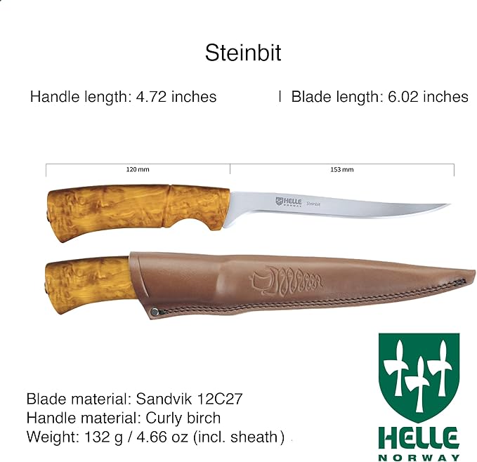 HELLE Knives - Steinbit - Fixed Blade - Fishing Knife - Birch Wood Handle - 12C27 Stainless Steel - Made in Norway