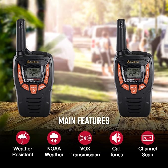 Cobra ACXT345 Weather-Resistant Walkie Talkies for Adults & Compatible Cobra Surveillance Headset: Rechargeable, 22 Channels, Long-Range, 2 Two-Way Radios, 2 Headsets, Black/Orange