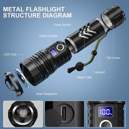 Flashlights High Lumens LED Rechargeable, 900,000 Lumen Brightest Flash Light, High Power USB Flashlight, Waterproof Handheld LED Flashlight for Camping Hiking