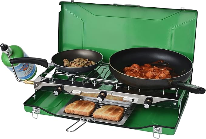 Flame King YSNBBQ-136M 3-Burner Portable Camping Stove Grill w/Toast Tray, Great for Outdoor Cooking, Backpacking, Compatible with 1LB Propane Gas Bottle
