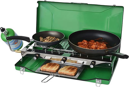 Flame King YSNBBQ-136M 3-Burner Portable Camping Stove Grill w/Toast Tray, Great for Outdoor Cooking, Backpacking, Compatible with 1LB Propane Gas Bottle