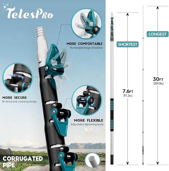 Extendable Tree Trimmer: Manual Pole Saw | 7-30ft Telescoping Pruning Pole for Tree Trimming | Saw Attachment, Safety Goggles, and Gloves Included | Trim Branches up to 2" Diameter