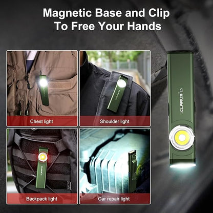 klarus E5 Pocket Flashlight, Rechargeable EDC Flashlight, Super Slim Flat 4.2x1x0.3inch, 470 Lumens, USB-C Port, IPX4, Dual Light Source with Magnetic Base, Hat & Clothes Clip - Green