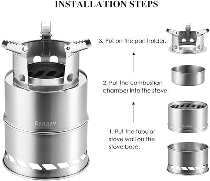 CANWAY Camping Stove, Wood Stove/Backpacking Survival Stove, Windproof Anti-Slip Portable Stainless Steel Wood Burning Stove with Nylon Carry Bag for Outdoor Backpacking Hiking Traveling Picnic BBQ
