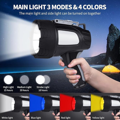 Rechargeable Spotlight Flashlight, 990,000 Lumen Super Bright Led Spotlight with 6 Modes & Foldable Tripod, Powerful Spot Light 30H Long Runtime, Handheld Spot Light for Outdoor Boating Hunting