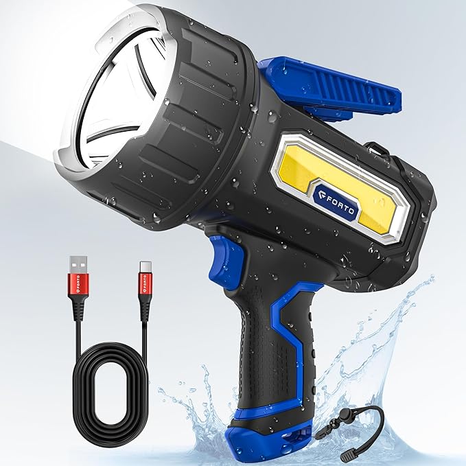 FORTO Rechargeable Spotlight Flashlight with 2000 Lumens, Handheld Spotlight with Foldable Stand, 6 Light Modes IPX7 Waterproof LED Spot Lights Outdoor for Boating Hunting Camping Hiking(Blue)