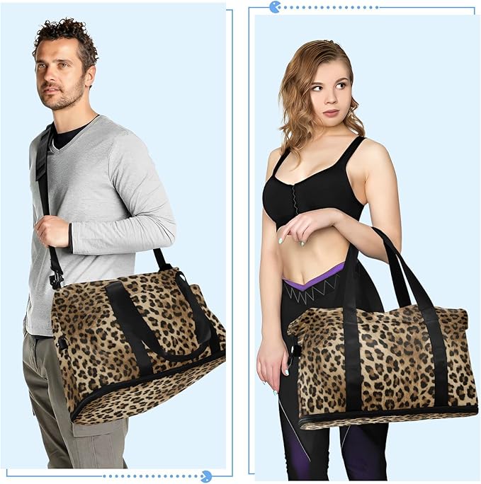 Leopard Weekender Bag for Women, Speckled Gym Sports Duffle Travel Tote With Toiletry Compartment, Shoes Storage, Dry/Wet Separation for Swimming