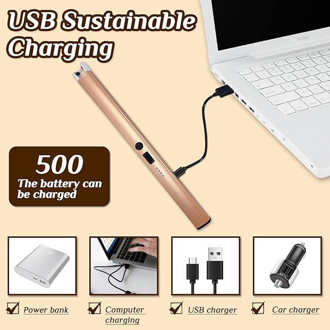 2 PCS Candle Lighter,Windproof Flameless Electric Lighter with LED Power Display ＆ Safety Switch, Upgraded Plasma USB Rechargeable Lighter for Birthday Camping BBQ (Champagne Gold)