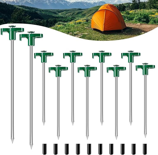 10PCS Tent Stakes Heavy Duty Camping Tent Stakes 7Inch Non-Rust Metal Tent Pegs with 10pcs Rubber Protective Sleeve (Green)