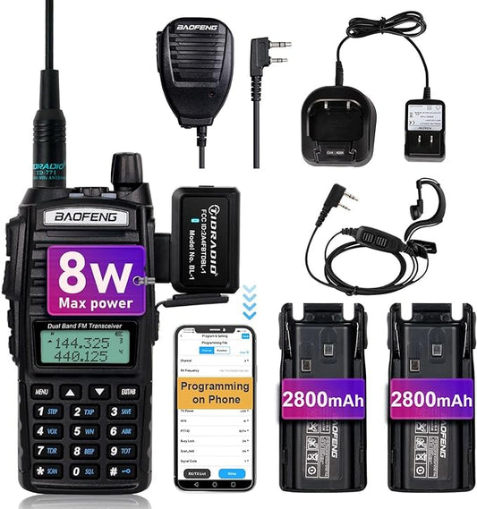 Baofeng UV-82 Baofeng Radio High Power Ham Radio Handheld with Wireless Programmer,Walkie Talkies with Earpiece, Extra 2800mAh Battery Hand Speaker Mic, Long Range Two-way Radio (1 Pack-Full Kits)