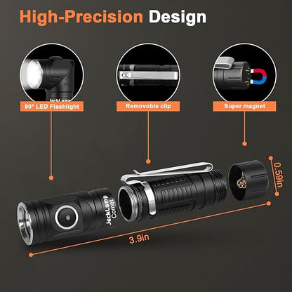 90 Degree EDC Flashlight, 1200 High Lumens Magnetic Flashlight with Clip, 6 Modes Rechargeable Led Headlamp, Pocket Tactical Flashlight for Working, Camping（Battery Included）