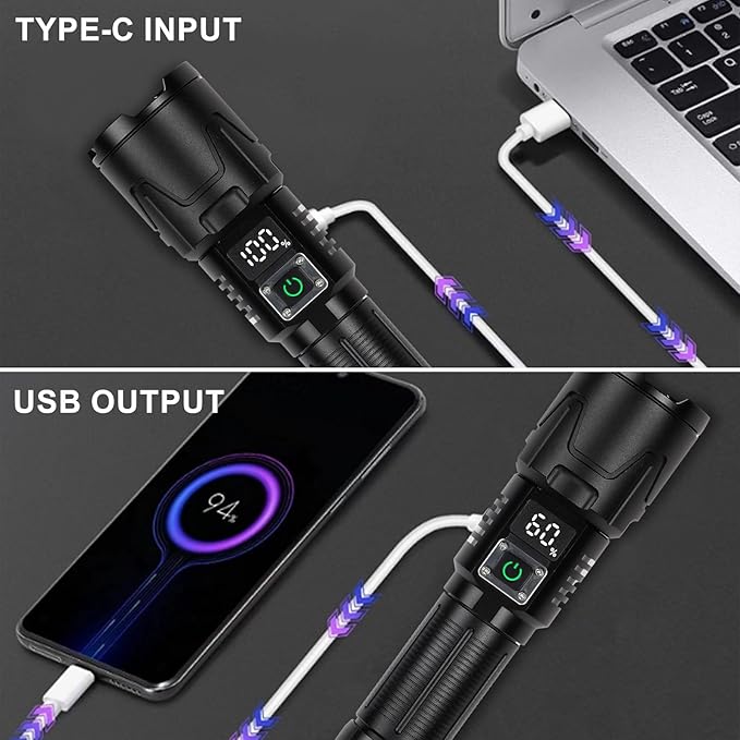 Minsk Flashlights High Lumens, Rechargeable Flashlights with Digital Power Display, 4500 Lumen Super Bright Flashlight, Zoomable Flash Light for Outdoors